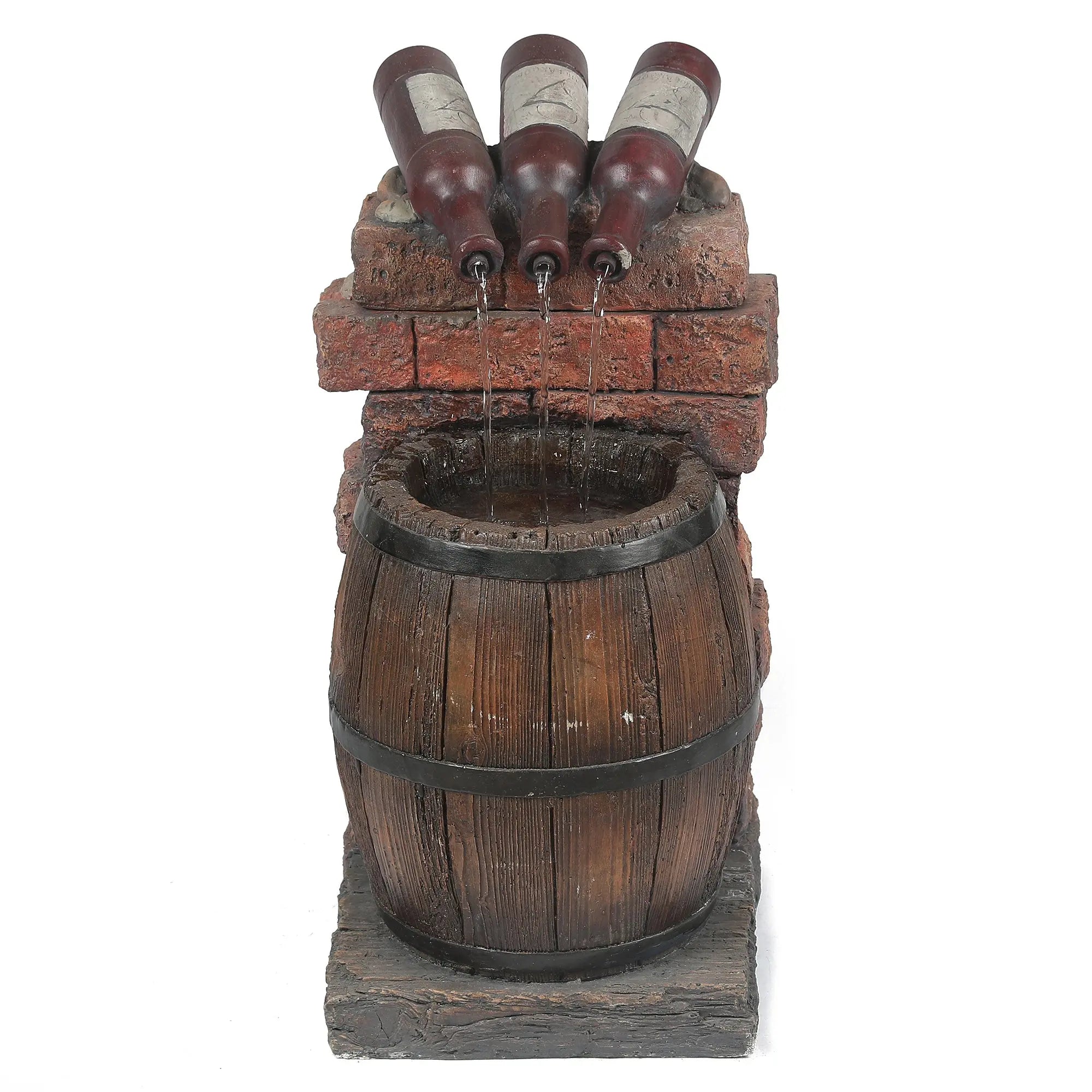 rustic-fountain-with-three-wine-bottles-pouring-into-a-wine-barrel