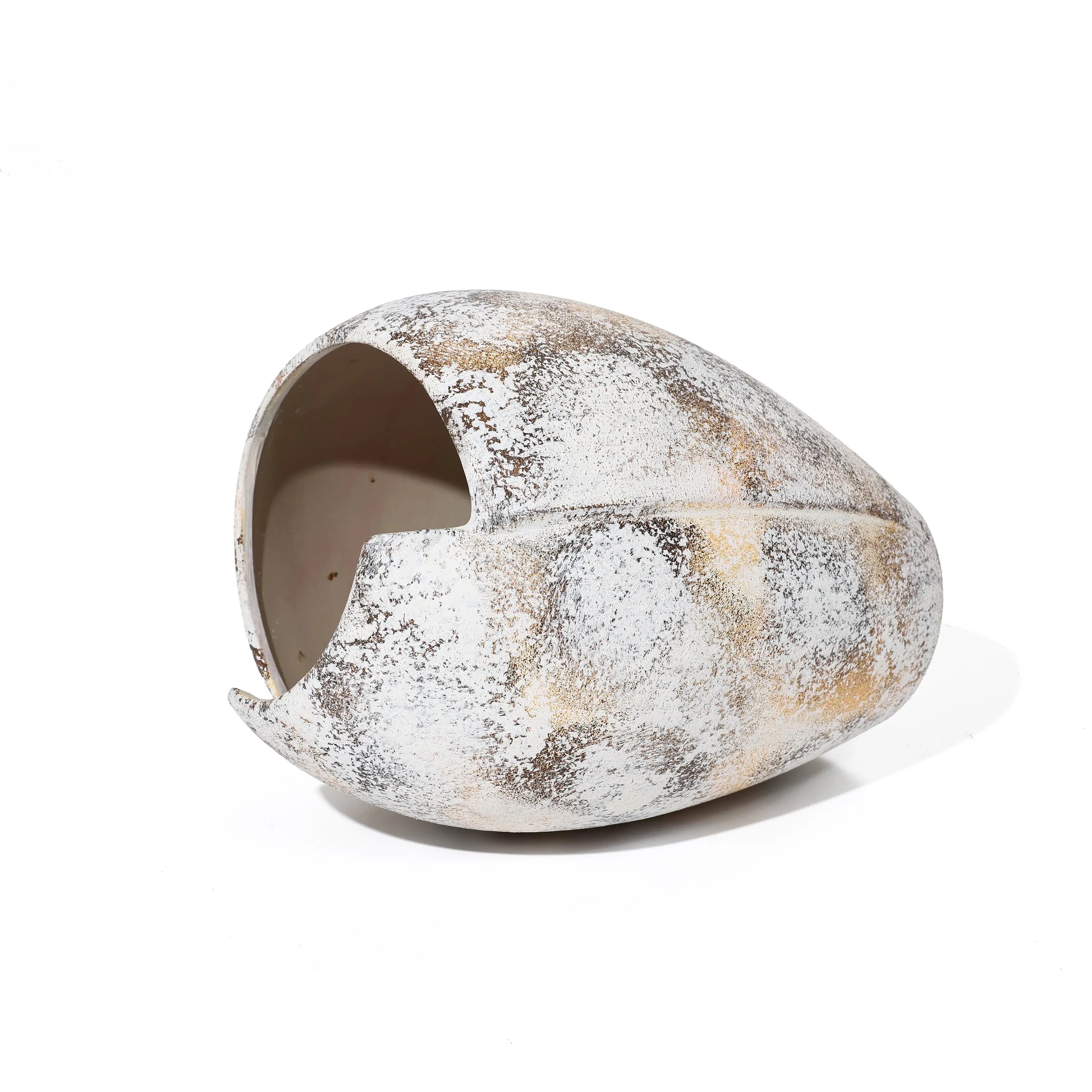 Ceramic vase with a textured, speckled surface reminiscent of marble in shades of white, grey, and brown. The design features an asymmetrical, elongated shape with a cutout opening, evoking a broken egg design.