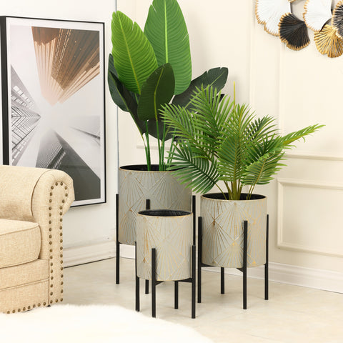 Set of 3 Gray and Gold Metal Cachepot Planters with Black Stand