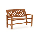 A charming garden bench with a lattice backrest and slatted seat, crafted from solid wood construction, sits elegantly against a plain white background.