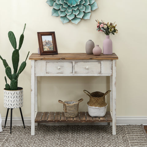 Distressed White and Wood 2-Drawer 1-Shelf Console and Entry Table