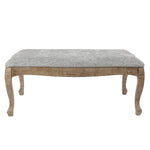 Rectangular upholstered bench with a light grey linen upholstery and wooden cabriole legs, shown against a white background, exuding old-world charm.