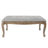 Rectangular upholstered bench with a light grey linen upholstery and wooden cabriole legs, shown against a white background, exuding old-world charm.