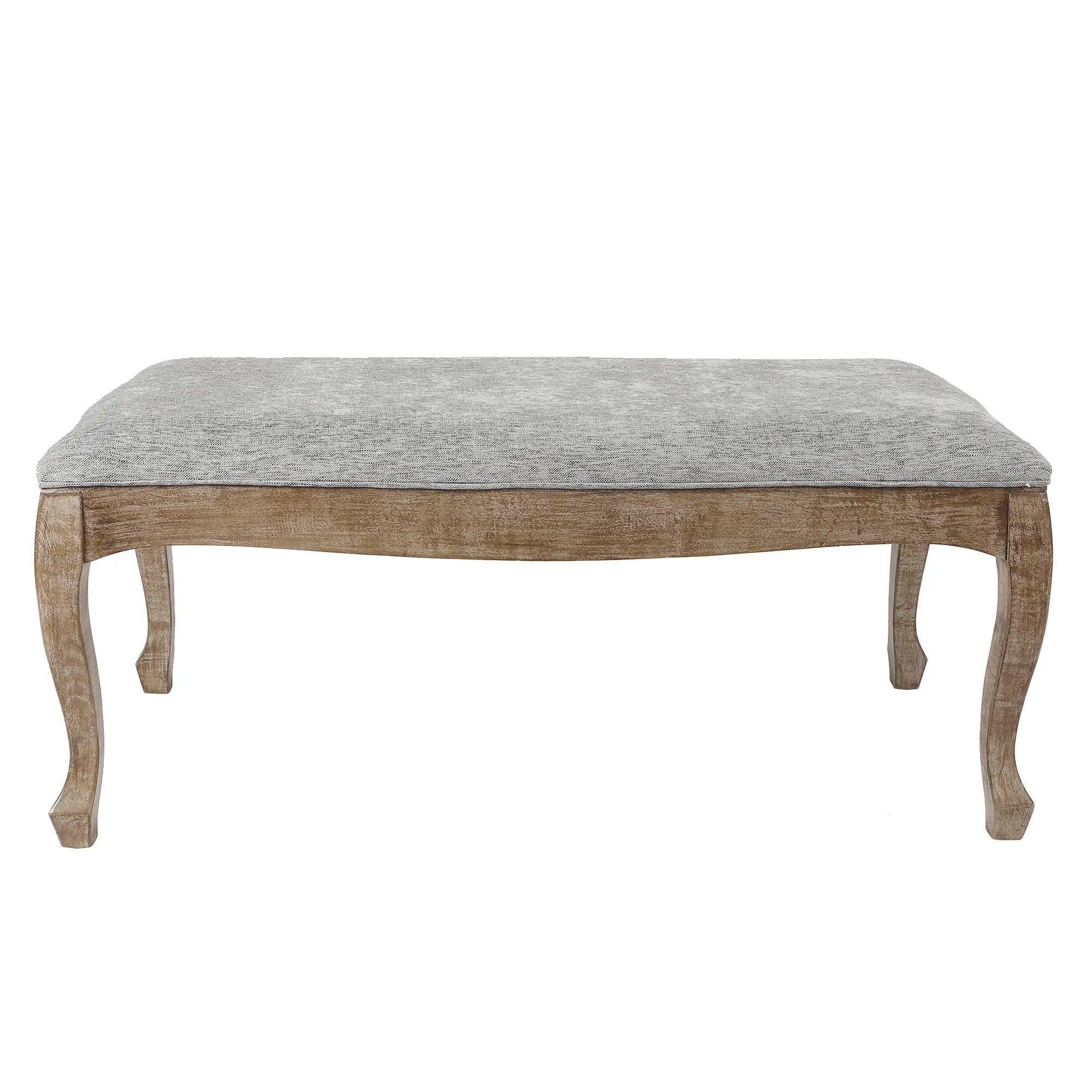 Rectangular upholstered bench with a light grey linen upholstery and wooden cabriole legs, shown against a white background, exuding old-world charm.
