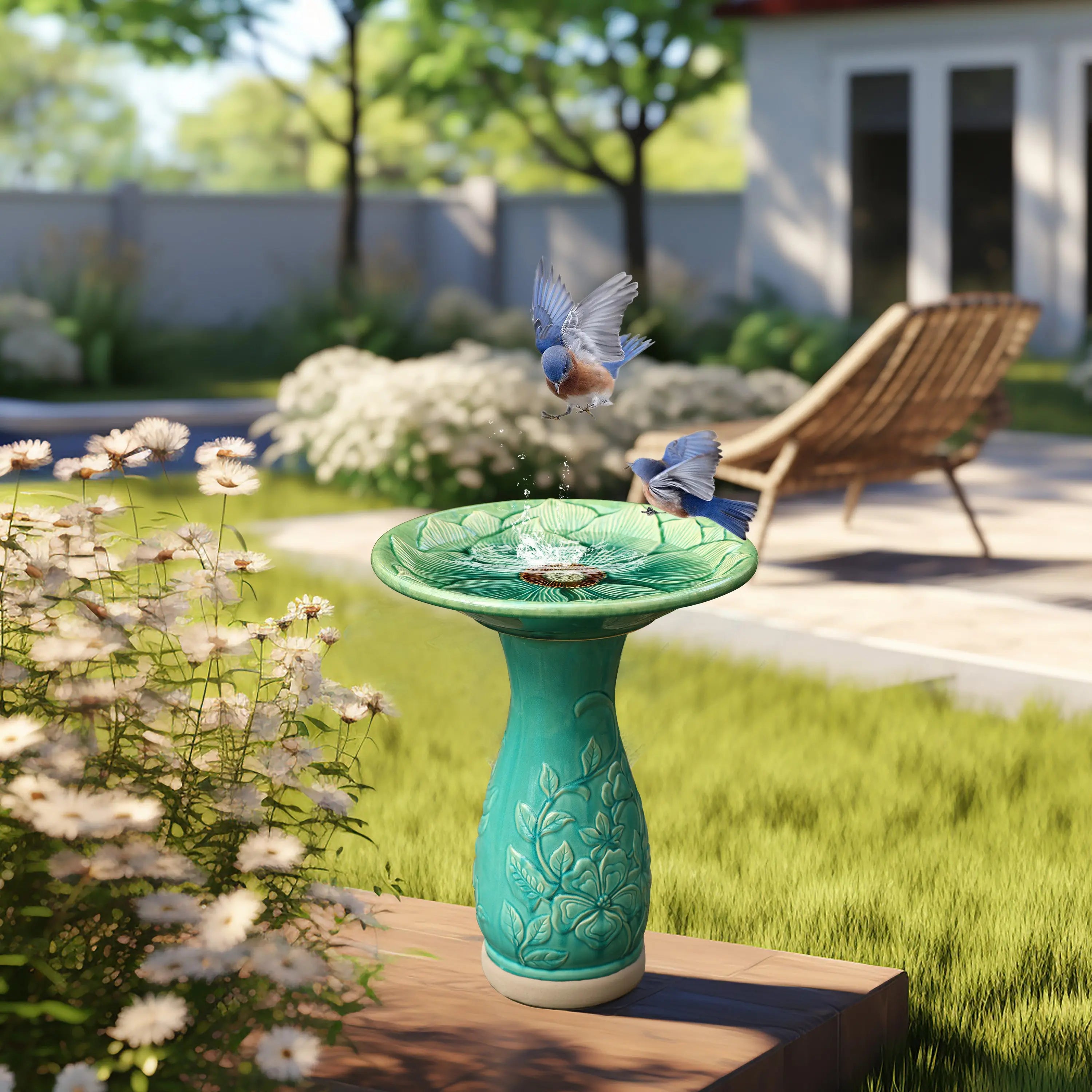 bird bath in summer backyard with bird sipping water inside