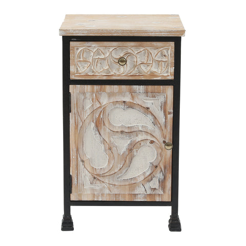 Black Metal Frame and Carved Wood 1-Door 1-Drawer End Table with Storage