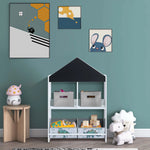 white-bookcase-and-a-blue-wall-with-posters