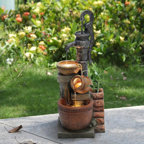 32.3" H Farmhouse Well Water Pump and Pots Resin Fountain with LED Lights