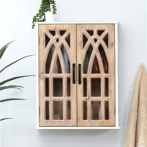 Farmhouse White and Natural MDF Wood Cathedral-Style 2-Door Wall Cabinet