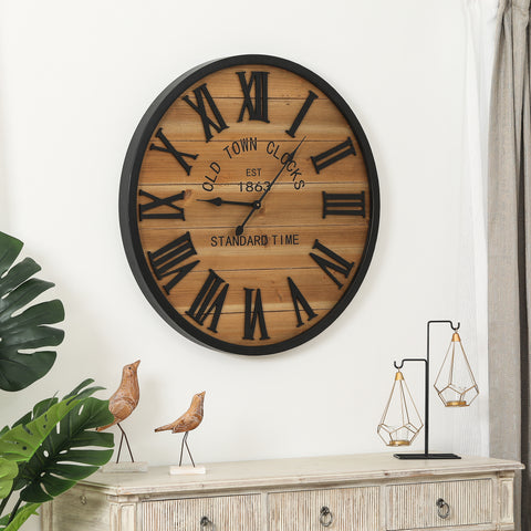 Wood Plank Metal Framed 30-Inch Round Wall Clock