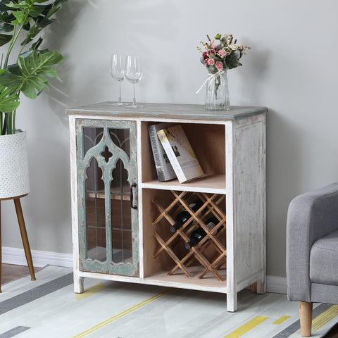 Distressed White and Gray Wood 1-Door Storage Wine Cabinet