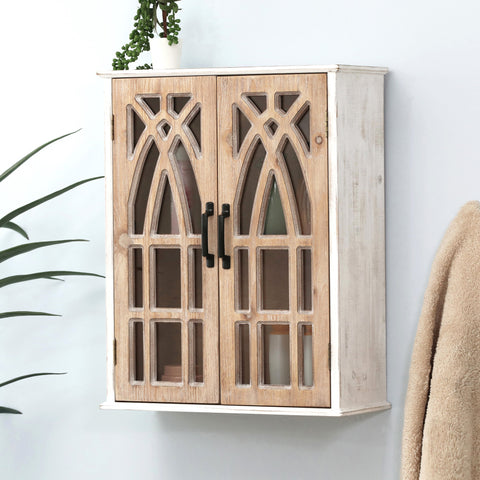 Farmhouse White and Natural MDF Wood Cathedral-Style 2-Door Wall Cabinet