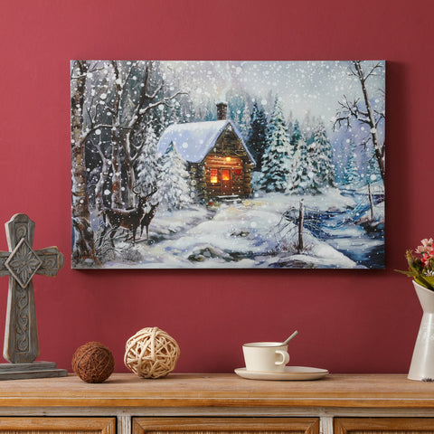 Winter Wonderland Log Cabin Holiday Canvas Print with LED Lights