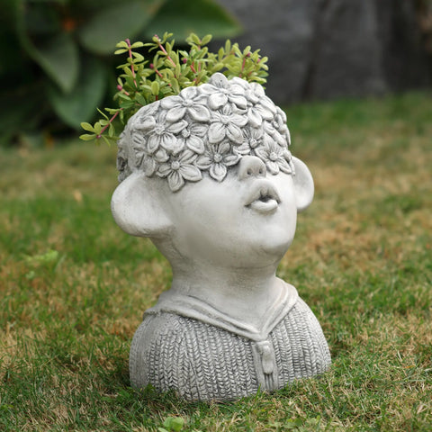 Gray MgO Kissing Flower Child Bust Planter