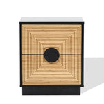 The LuxenHome Ethan bamboo stripped black nightstand features a modern wooden design with a geometric concentric square front pattern, black edges, and a central black circular handle. Its white background casts a subtle shadow, enhancing its contemporary appeal.