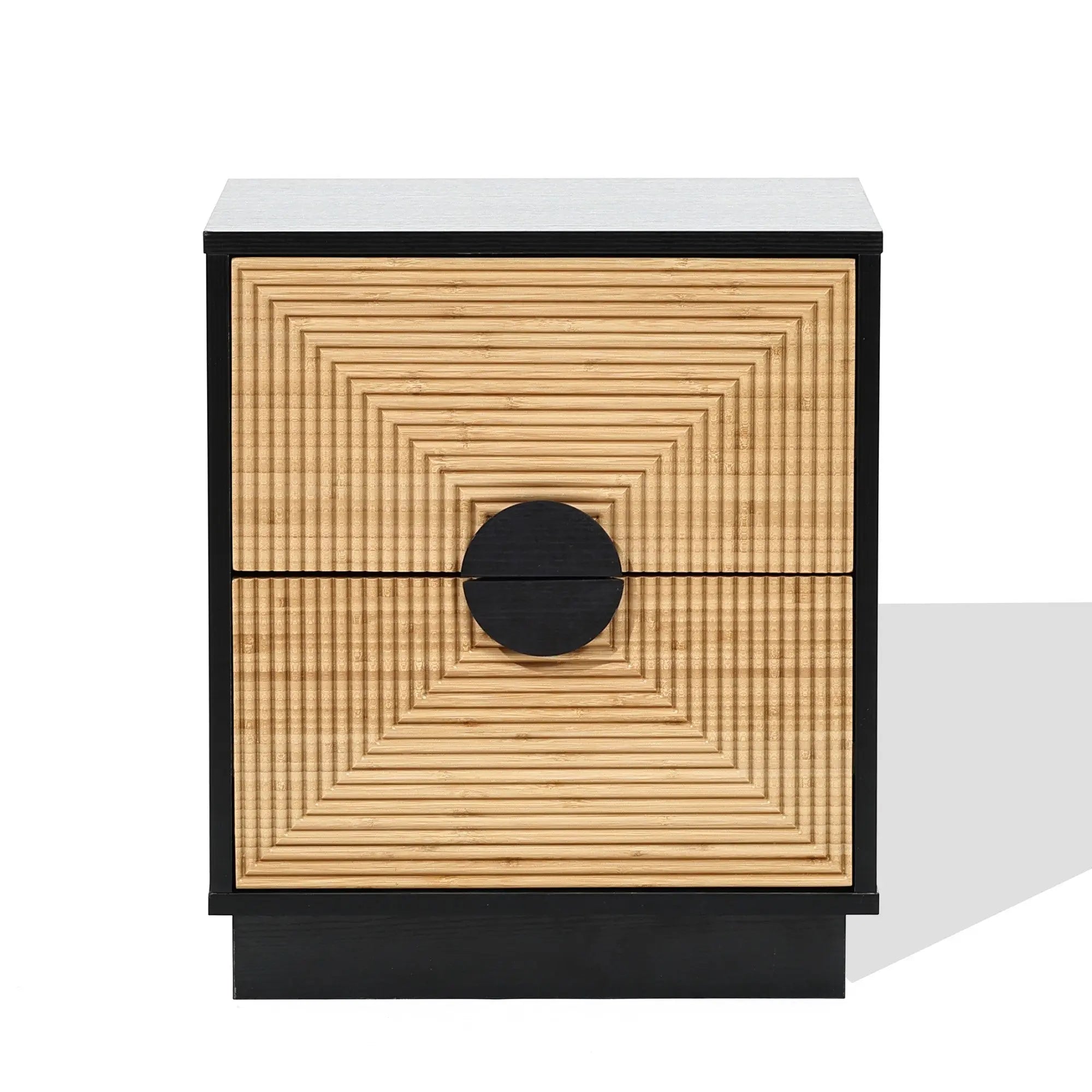The LuxenHome Ethan bamboo stripped black nightstand features a modern wooden design with a geometric concentric square front pattern, black edges, and a central black circular handle. Its white background casts a subtle shadow, enhancing its contemporary appeal.
