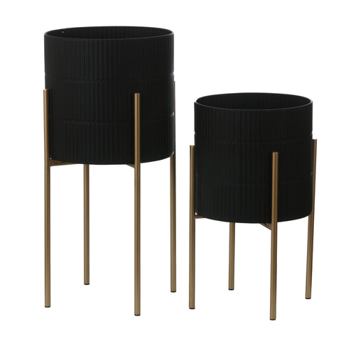 Set of 2 Black Metal Cachepot Planters with Metal Stands