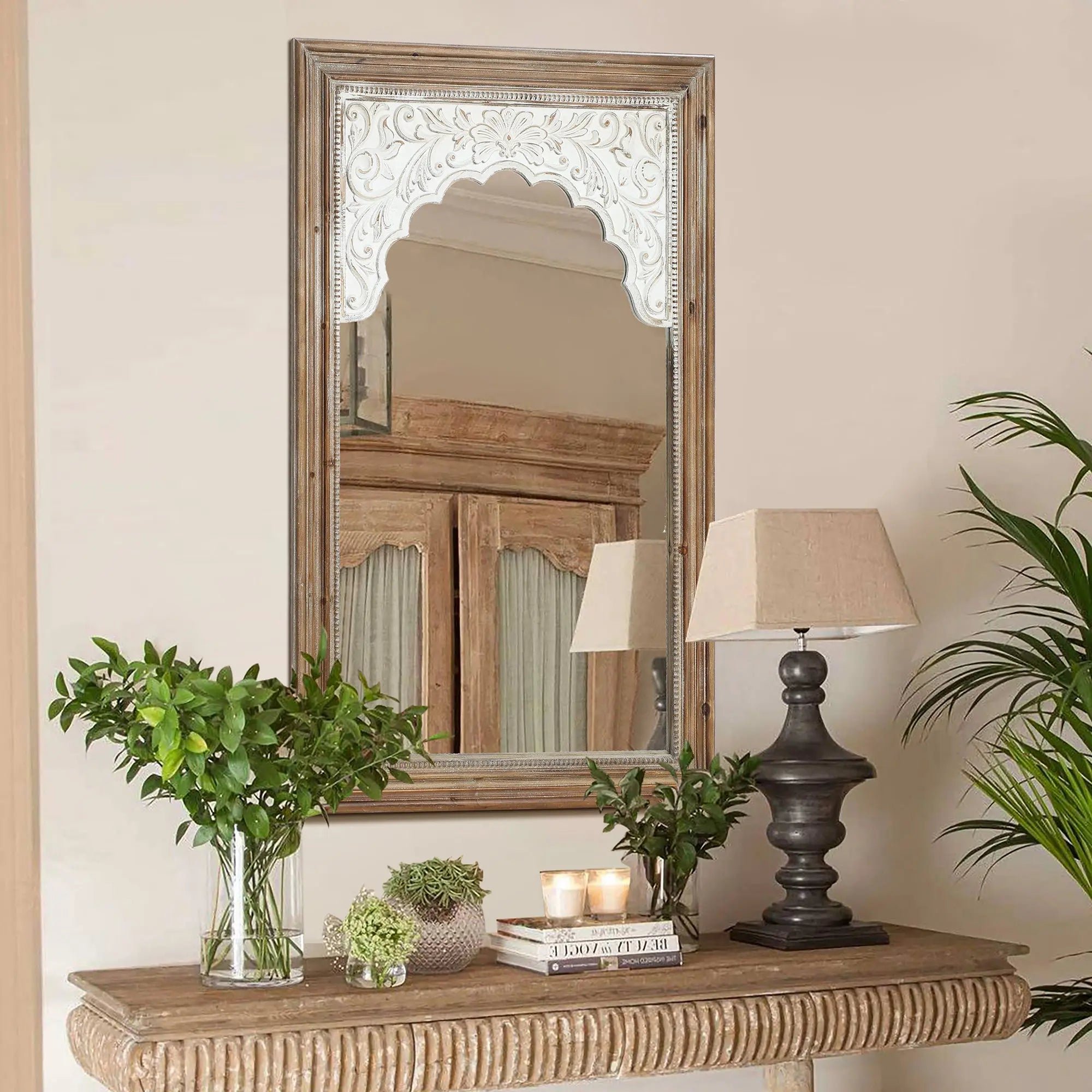 farmhouse-style-accent-wall-mirror-with-an-intricate-hand-carved-top