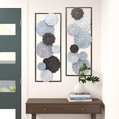 Multi-Color Flowers Metal Rectangular Panels Wall Decor, Set of 2