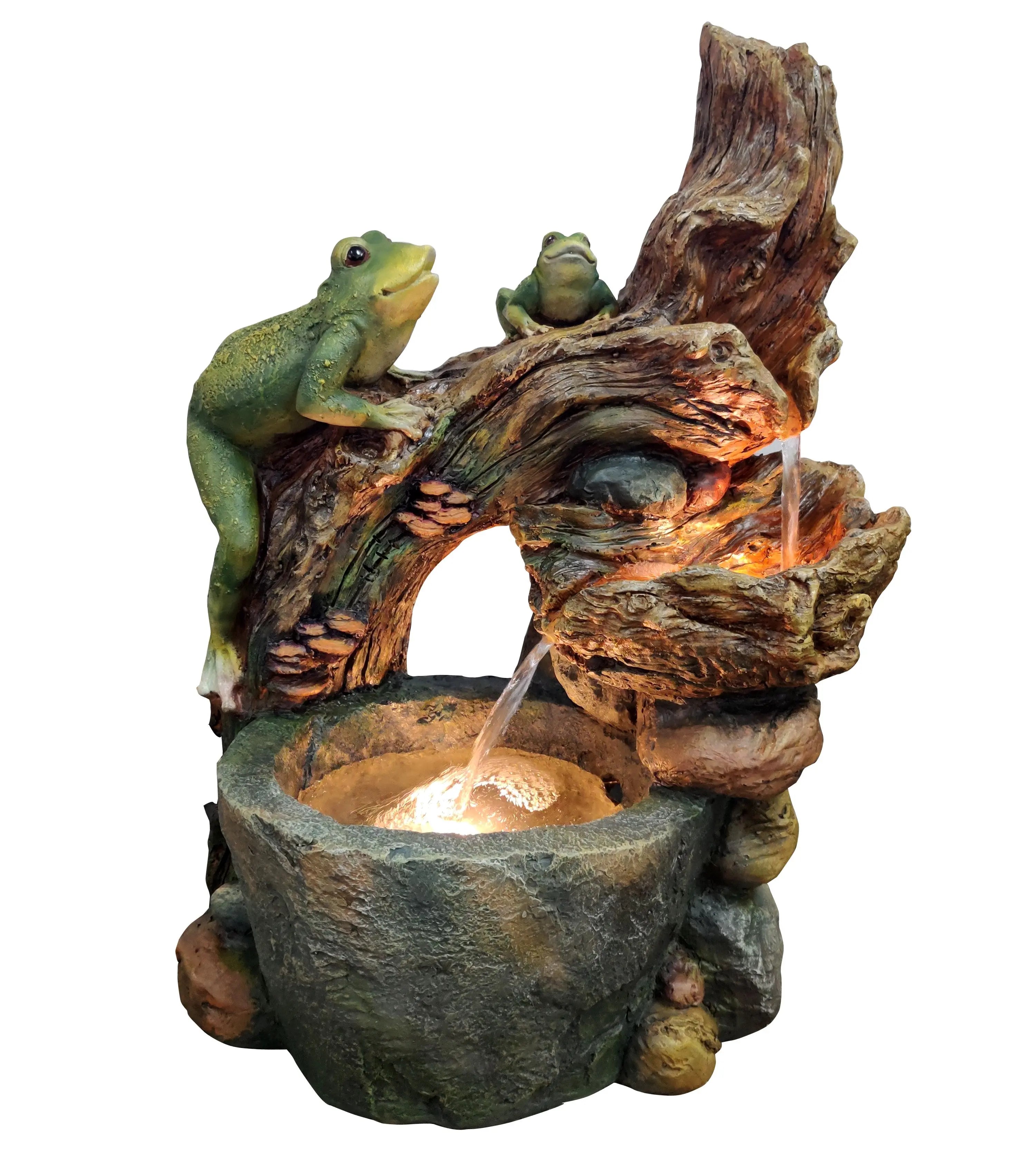 frog-and-a-bird-sitting-on-a-tree-trunk-and-bubbling-water-fountain