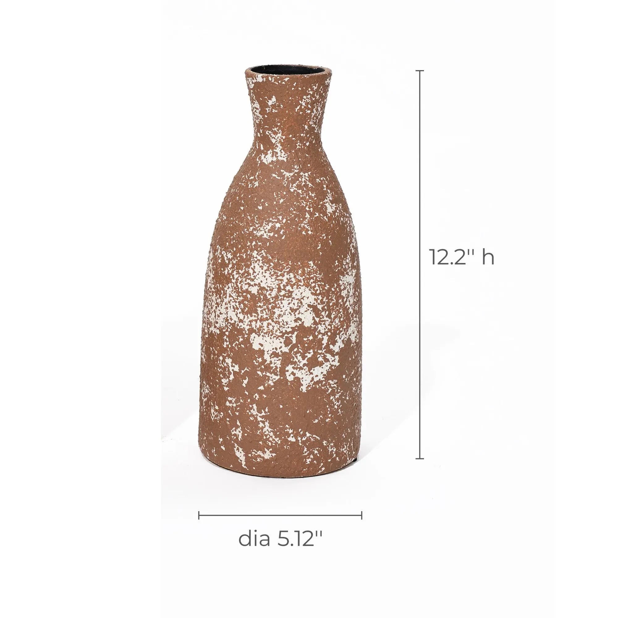 This tall, rust-colored speckled vase exudes rustic charm, standing 12.2 inches high with a 5.12-inch diameter, beautifully showcasing its handcrafted earthenware allure.
