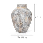 A ceramic vase with a textured finish stands 11.8 inches tall and 8.8 inches in diameter, showcasing a rustic gray and tan design thats perfect for home decor enthusiasts.
