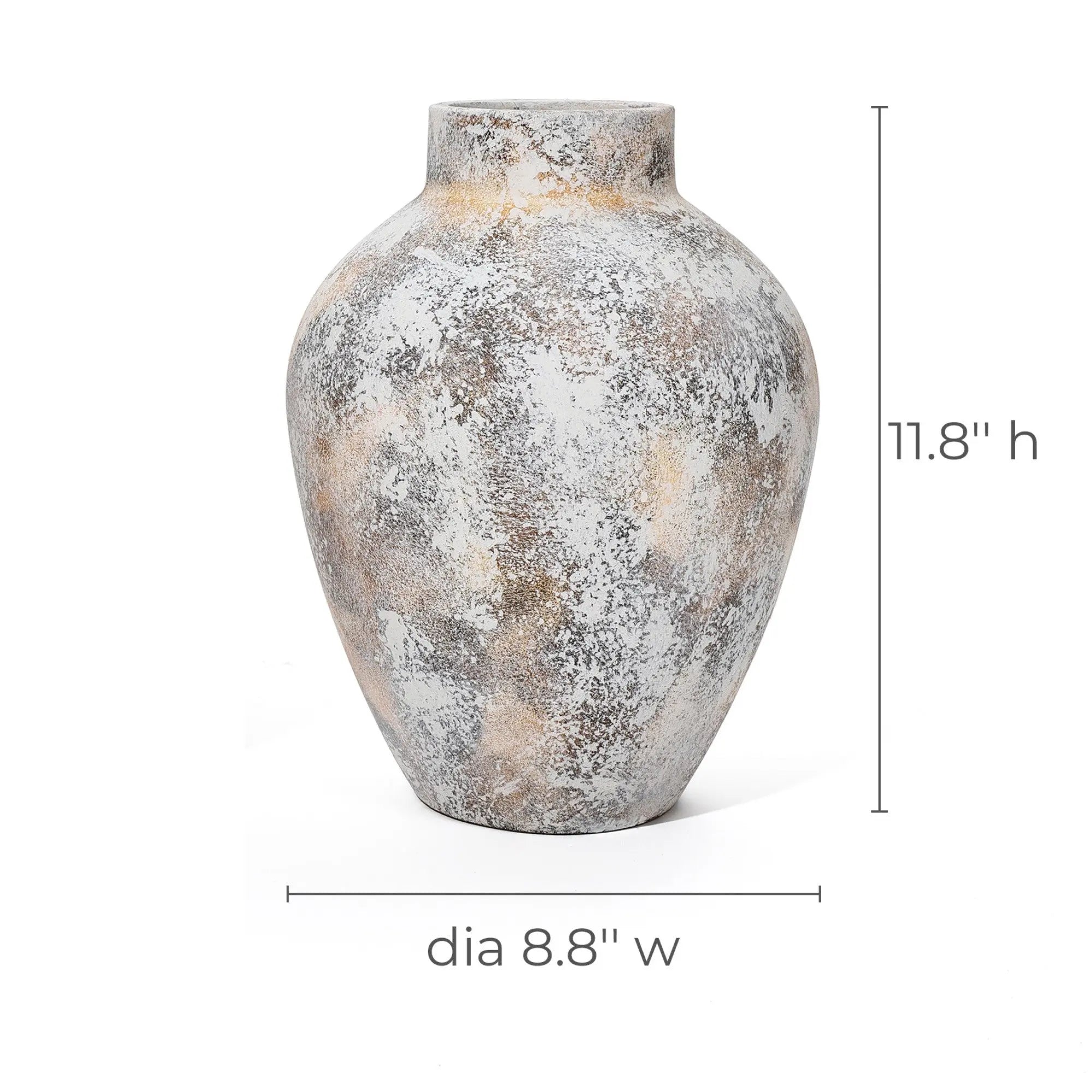 A ceramic vase with a textured finish stands 11.8 inches tall and 8.8 inches in diameter, showcasing a rustic gray and tan design thats perfect for home decor enthusiasts.