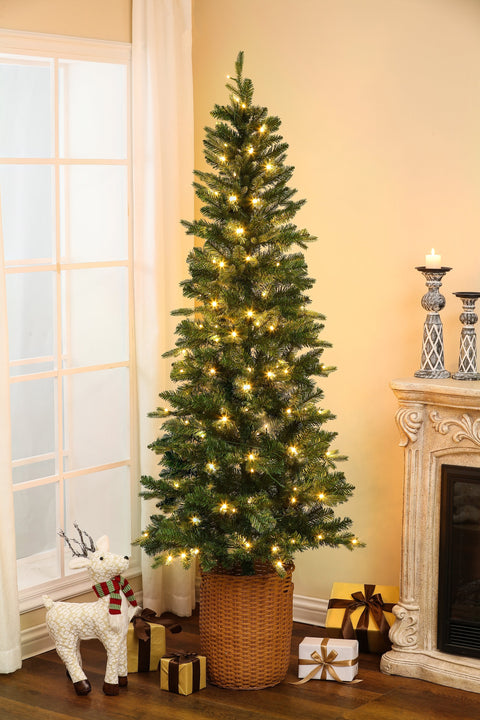 6.5ft Pre-Lit LED Artificial Slim Fir Christmas Tree with Pot