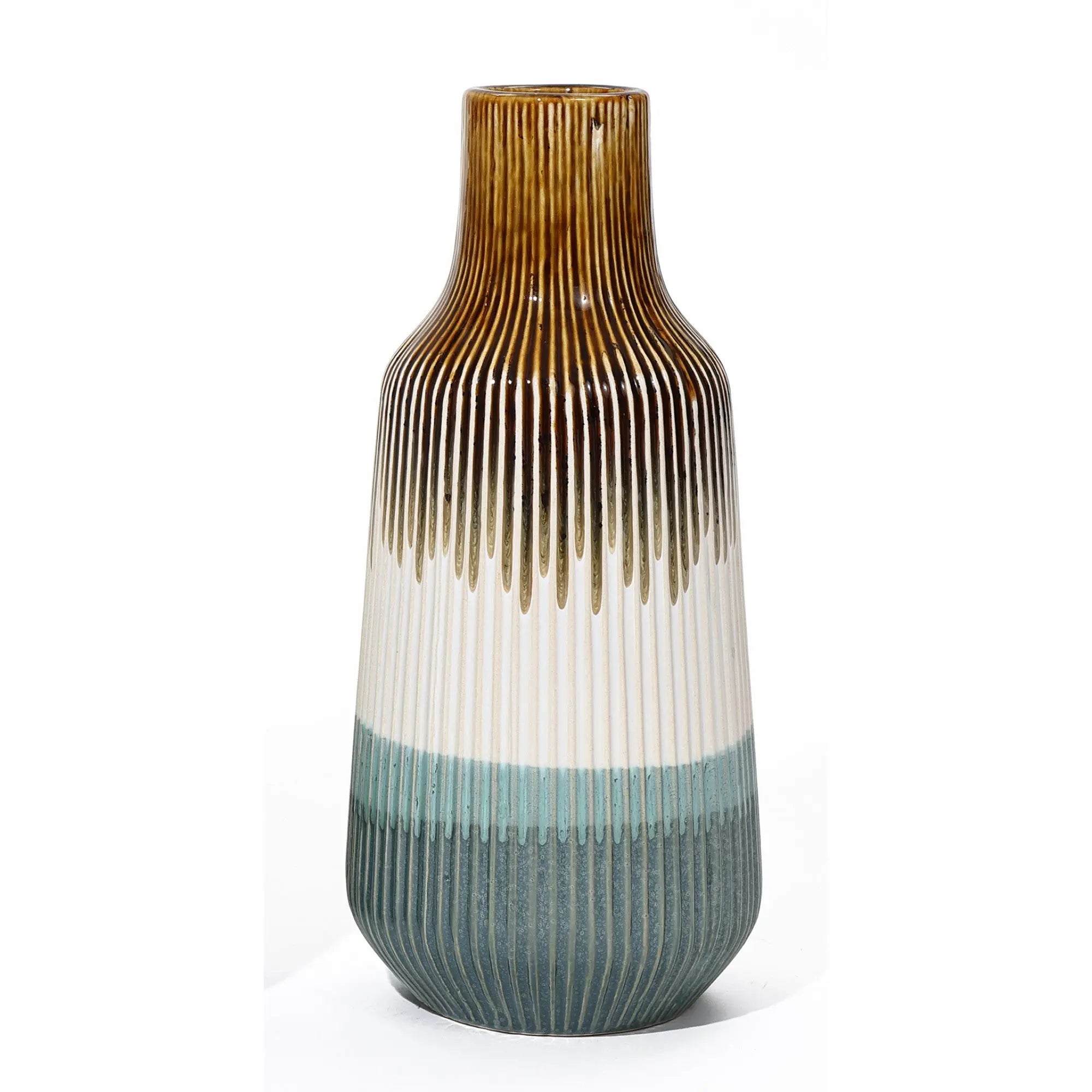 A unique vase with a tall, ribbed ceramic design showcases gradient colors: rich brown at the top, transitioning elegantly to white and finishing with teal at the bottom.