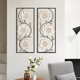 Off White and Gold Magnolia Flowers Black Metal Rectangular Wall Decor, Set of 2