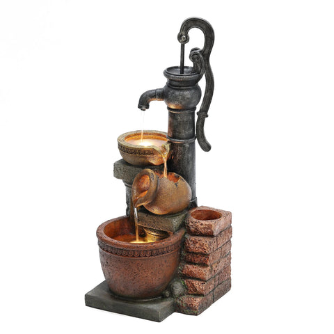 32.3" H Farmhouse Well Water Pump and Pots Resin Fountain with LED Lights