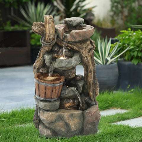 Resin Stacked Rock Wall and Barrel Outdoor Fountain with LED Lights