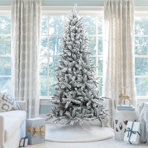 6.5Ft Pre-Lit Artificial Snow-Flocked Slim Christmas Tree with Pine Cones