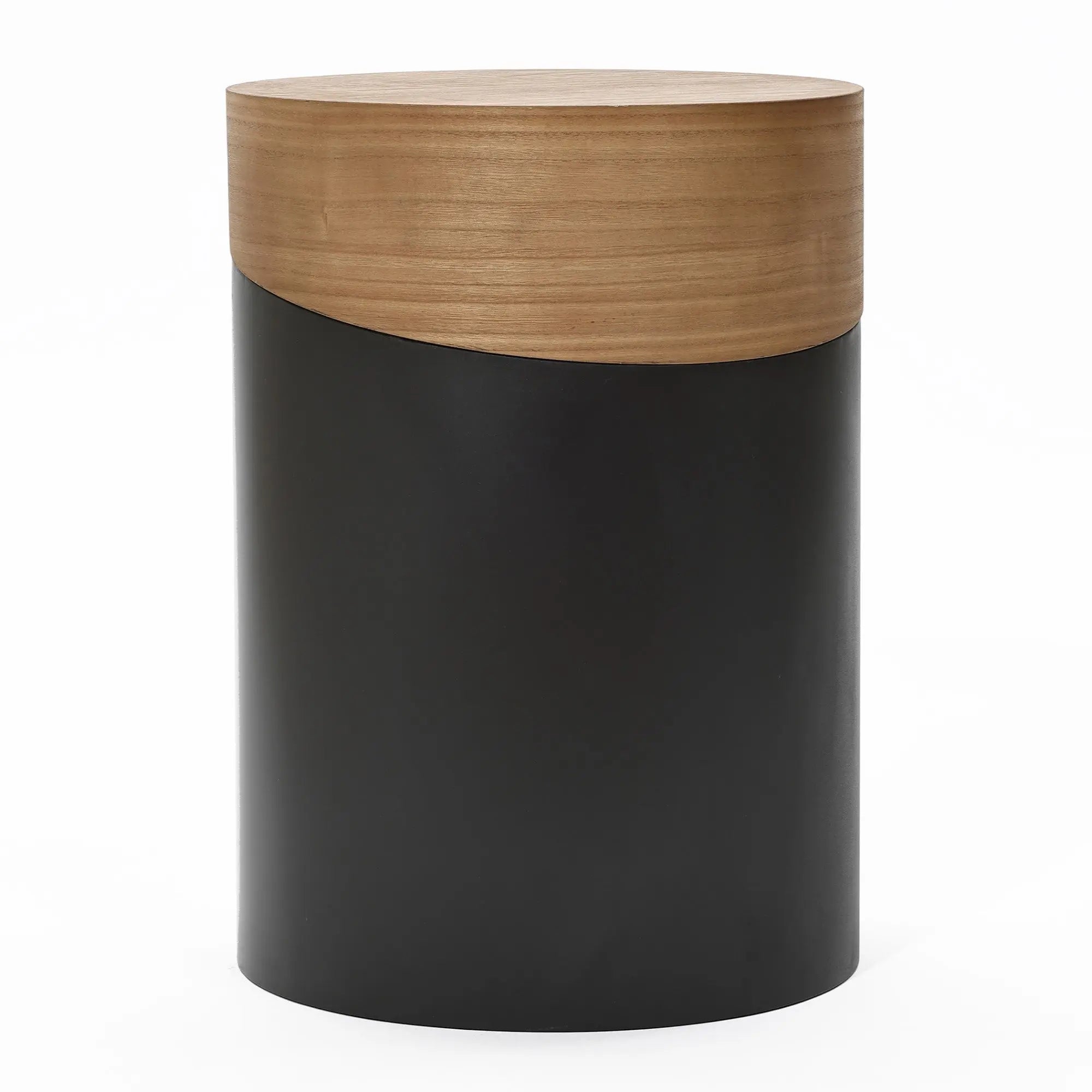 A versatile piece, this cylindrical, dark-colored stool features a wooden top, making it perfect as a decorative side table.