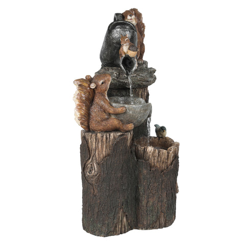 Resin Squirrels on Tree Stumps Outdoor Fountain with LED Light