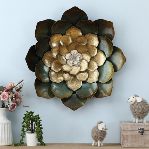 Green, Gold, and White Metal Flower Wall Decor