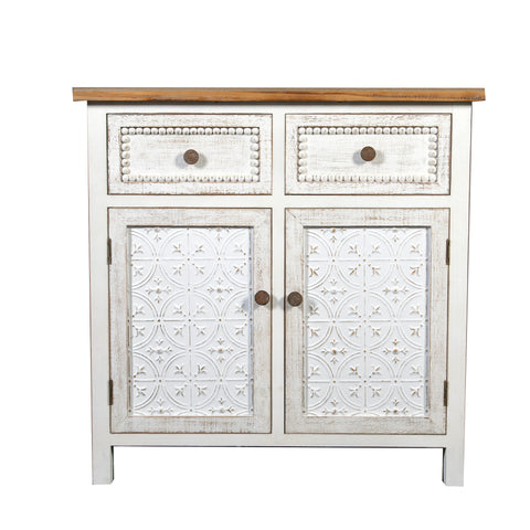 Distressed White Wood 2-Drawer 2-Door Storage Cabinet