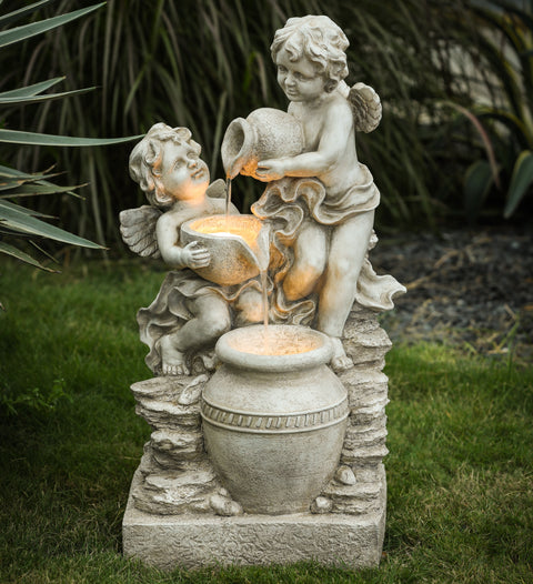 Gray Resin Cherub Angels Outdoor Fountain with LED Light