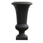 A weather-resistant black urn planter featuring a flared top, wide rim, narrow base, and square pedestal—perfect for stylish outdoor displays.