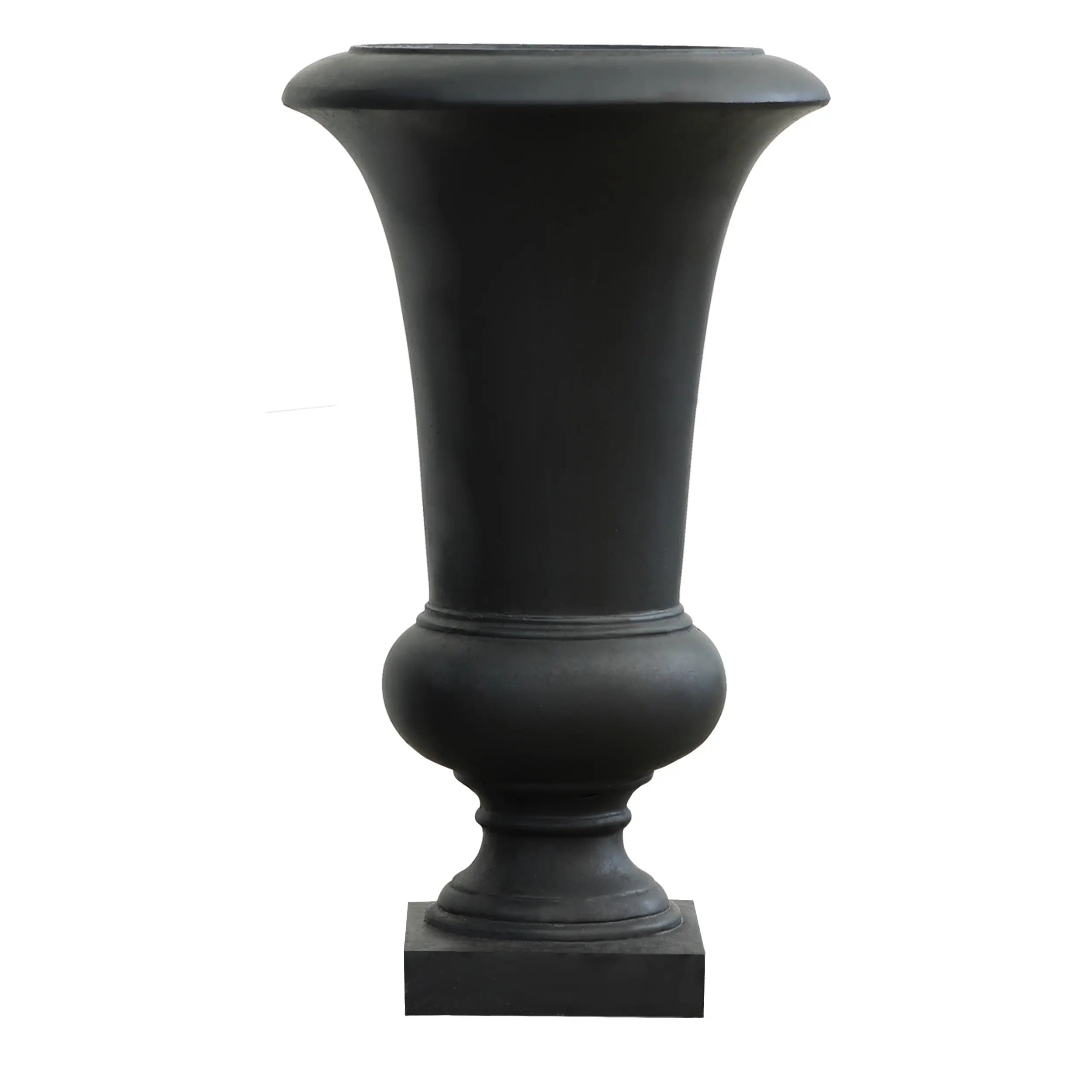 A weather-resistant black urn planter featuring a flared top, wide rim, narrow base, and square pedestal—perfect for stylish outdoor displays.