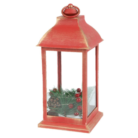 Lighted Christmas Holiday Berry and Pine Cone Rustic Red Lantern
