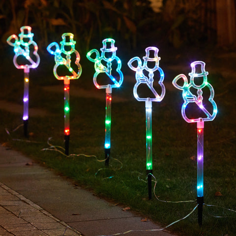 Set of 5 Multi-Color Lighted LED Snowman Holiday Outdoor Stakes