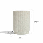 This cylindrical speckled stool, crafted from cement material, stands 17.7 inches high and 13 inches wide. Its textured surface and ivory white color make it a versatile side table addition to any space.