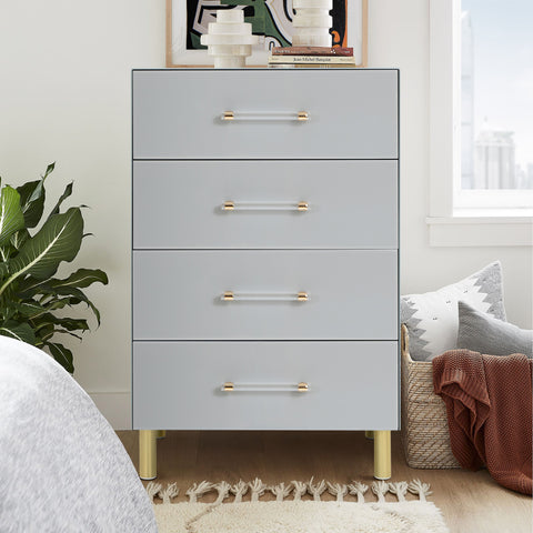 Grey 4-drawer chest, tapered glass surface