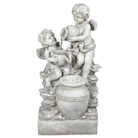 Gray Resin Cherub Angels Outdoor Fountain with LED Light