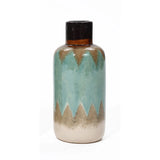 Nautical charm meets artistry in this tri-color ceramic stoneware vase. Its glossy finish showcases a captivating pattern of teal, brown, and beige zigzags, complemented by a dark top.