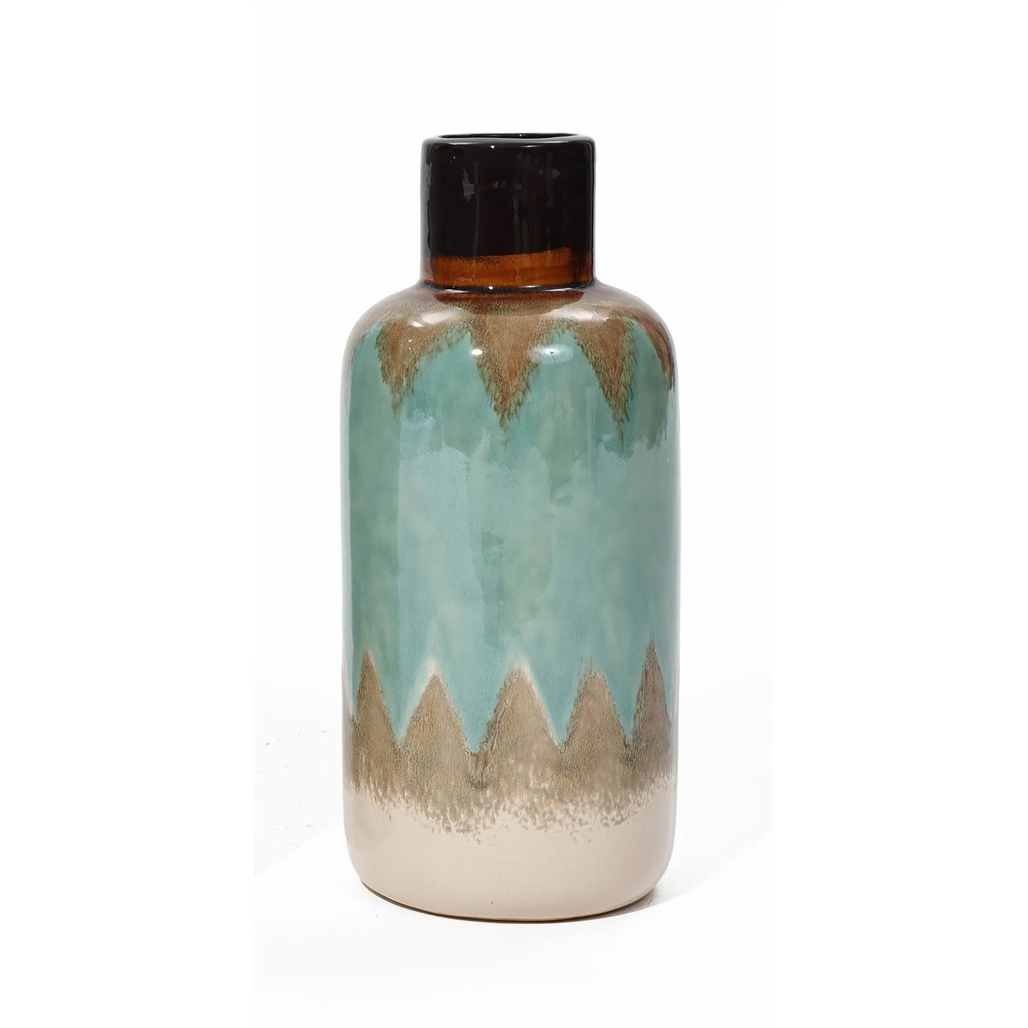 Nautical charm meets artistry in this tri-color ceramic stoneware vase. Its glossy finish showcases a captivating pattern of teal, brown, and beige zigzags, complemented by a dark top.