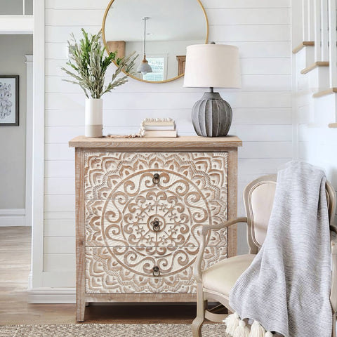 Rustic Floral Carved 3-Drawer Accent Chest