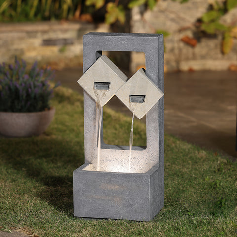 Cascading Gray Resin Rectangular Outdoor Fountain with LED Lights