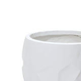 White, faceted geometric pot planter made from durable magnesium oxide material, suitable for both indoor and outdoor use, against a plain background.